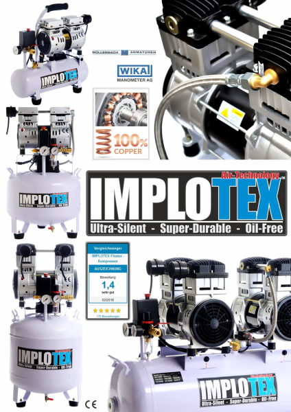 Implotex Silent Kompressor Druckluftkompressor 1500W | 2PS | 45L | 60dB | ölfrei